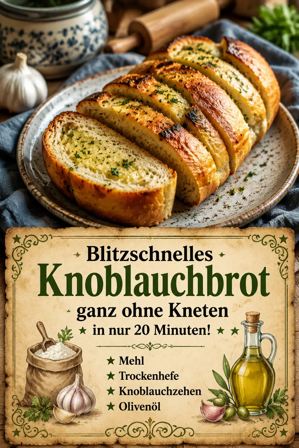 Blitzschnelles Knoblauchbrot ganz ohne Kneten in nur 20 Minuten!