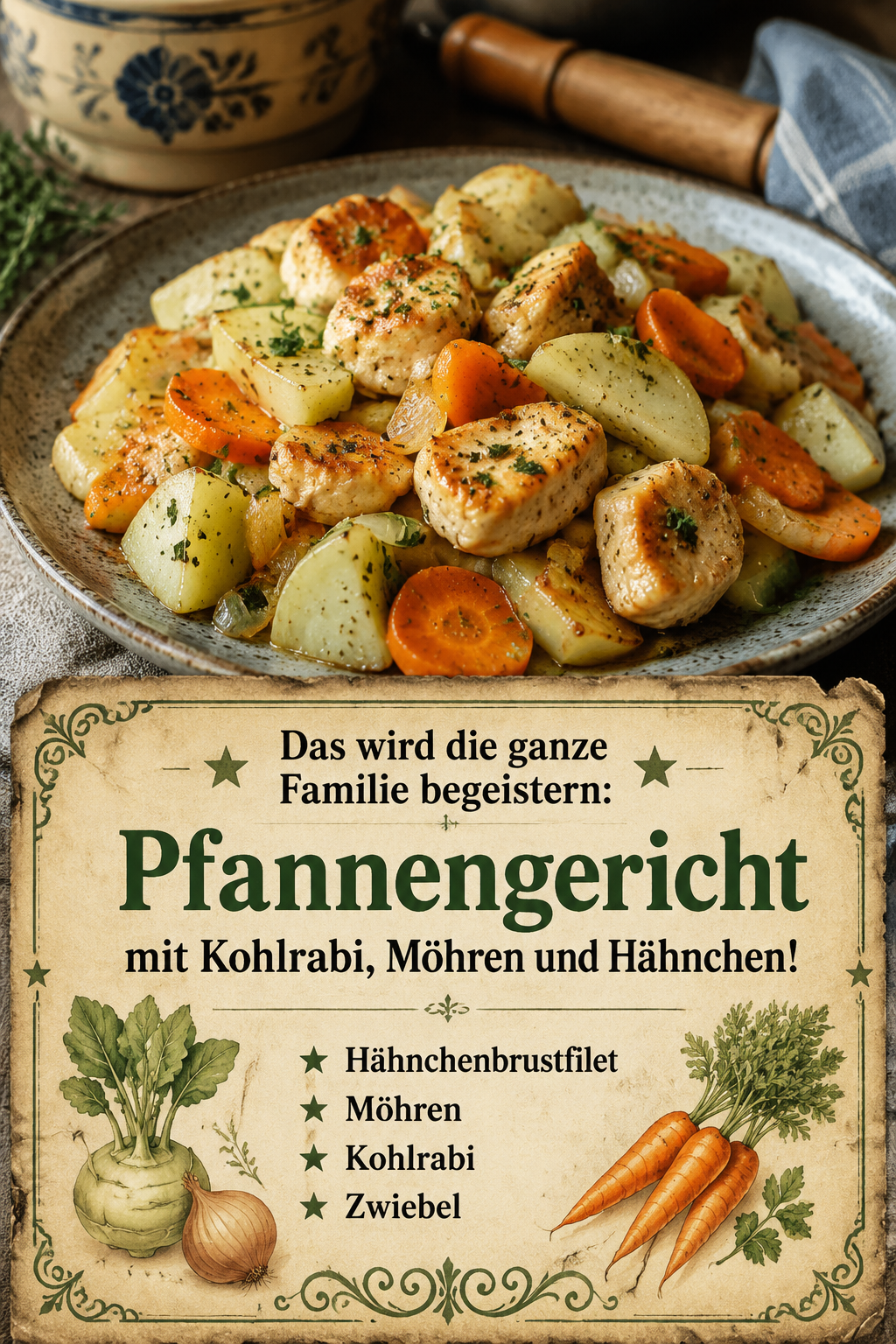 Das wird die ganze Familie begeistern: Pfannengericht mit Kohlrabi, Möhren und Hähnchen!