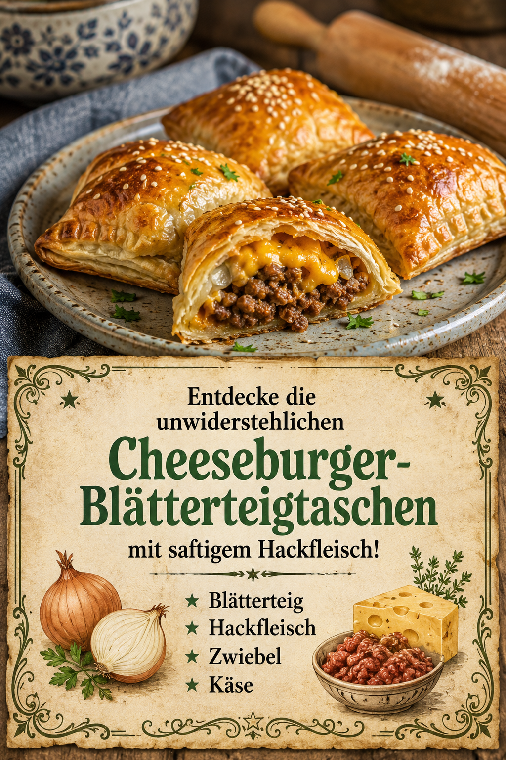 Entdecke die unwiderstehlichen Cheeseburger-Blätterteigtaschen mit saftigem Hackfleisch!