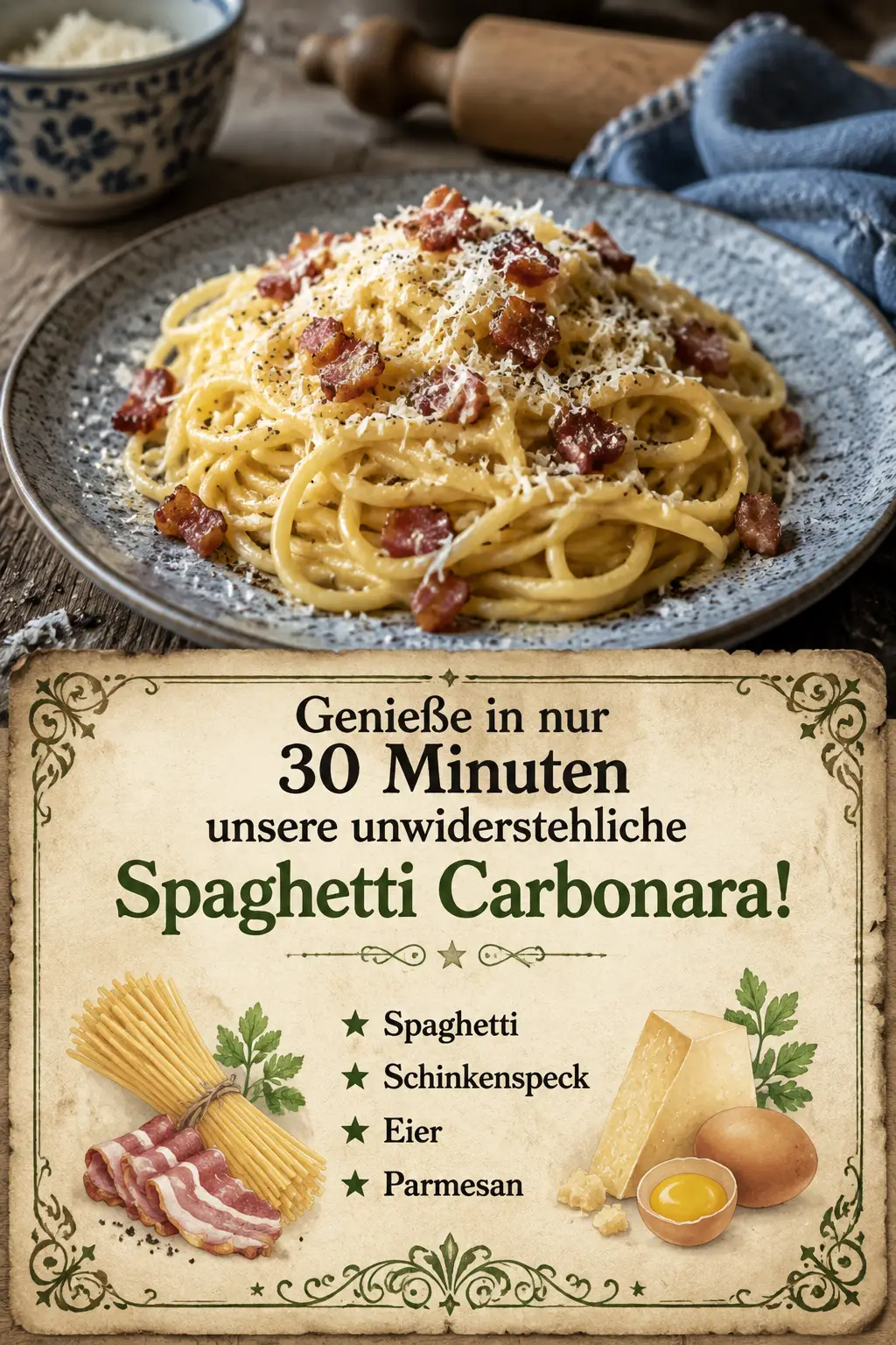 Genieße in nur 30 Minuten unsere unwiderstehliche Spaghetti Carbonara!