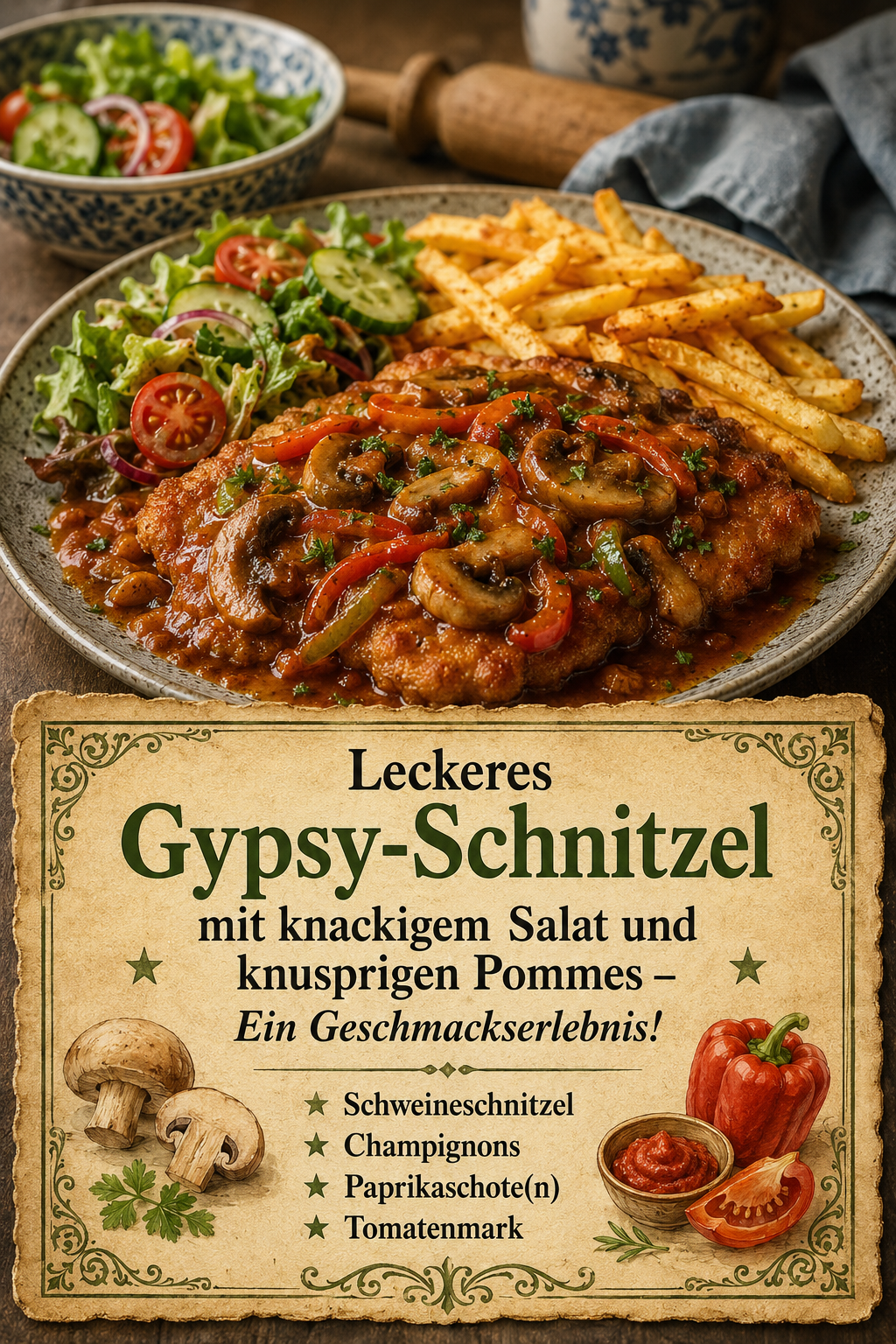 Leckeres Gypsy-Schnitzel mit knackigem Salat und knusprigen Pommes – Ein Geschmackserlebnis!