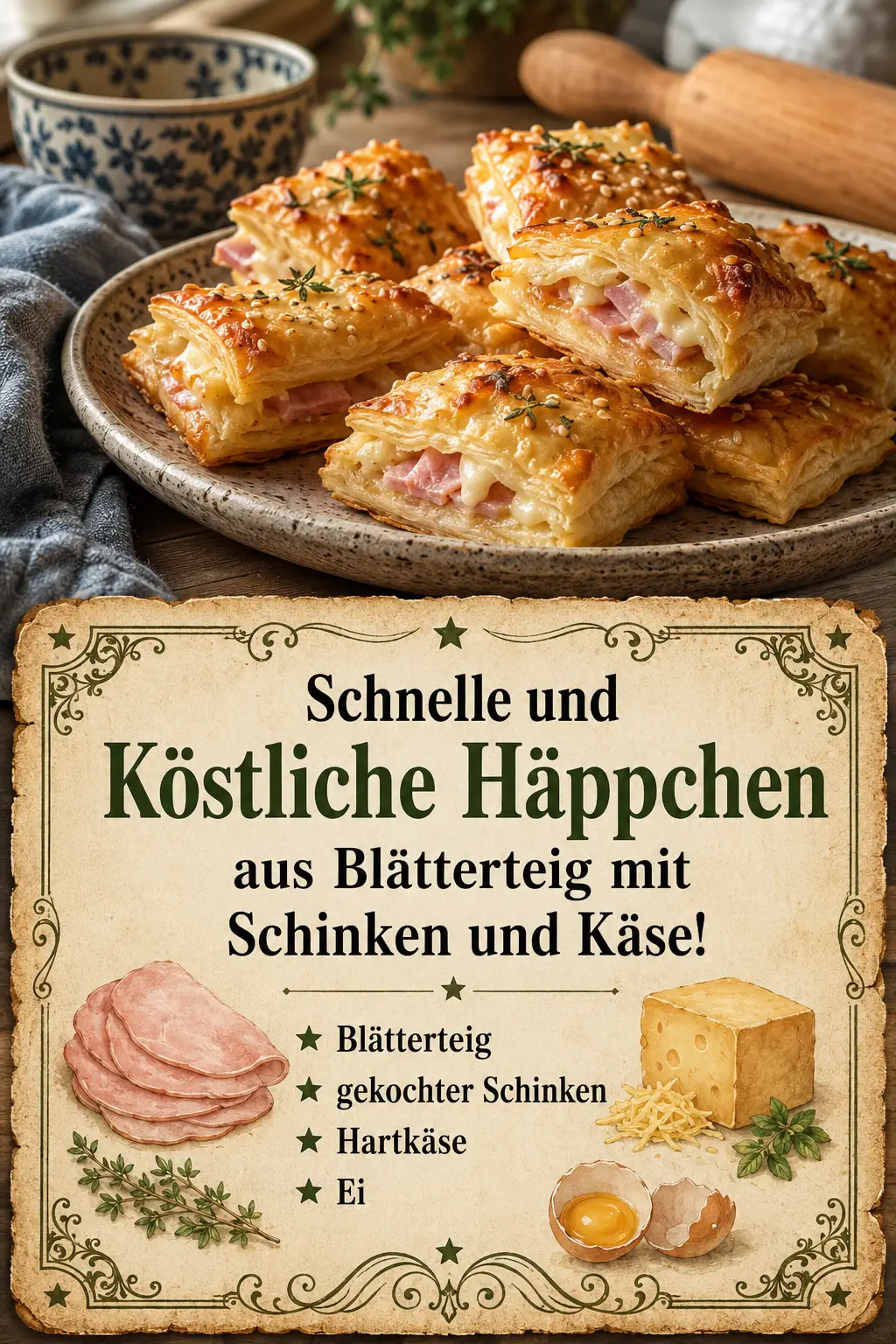 Schnelle und Köstliche Häppchen aus Blätterteig mit Schinken und Käse!