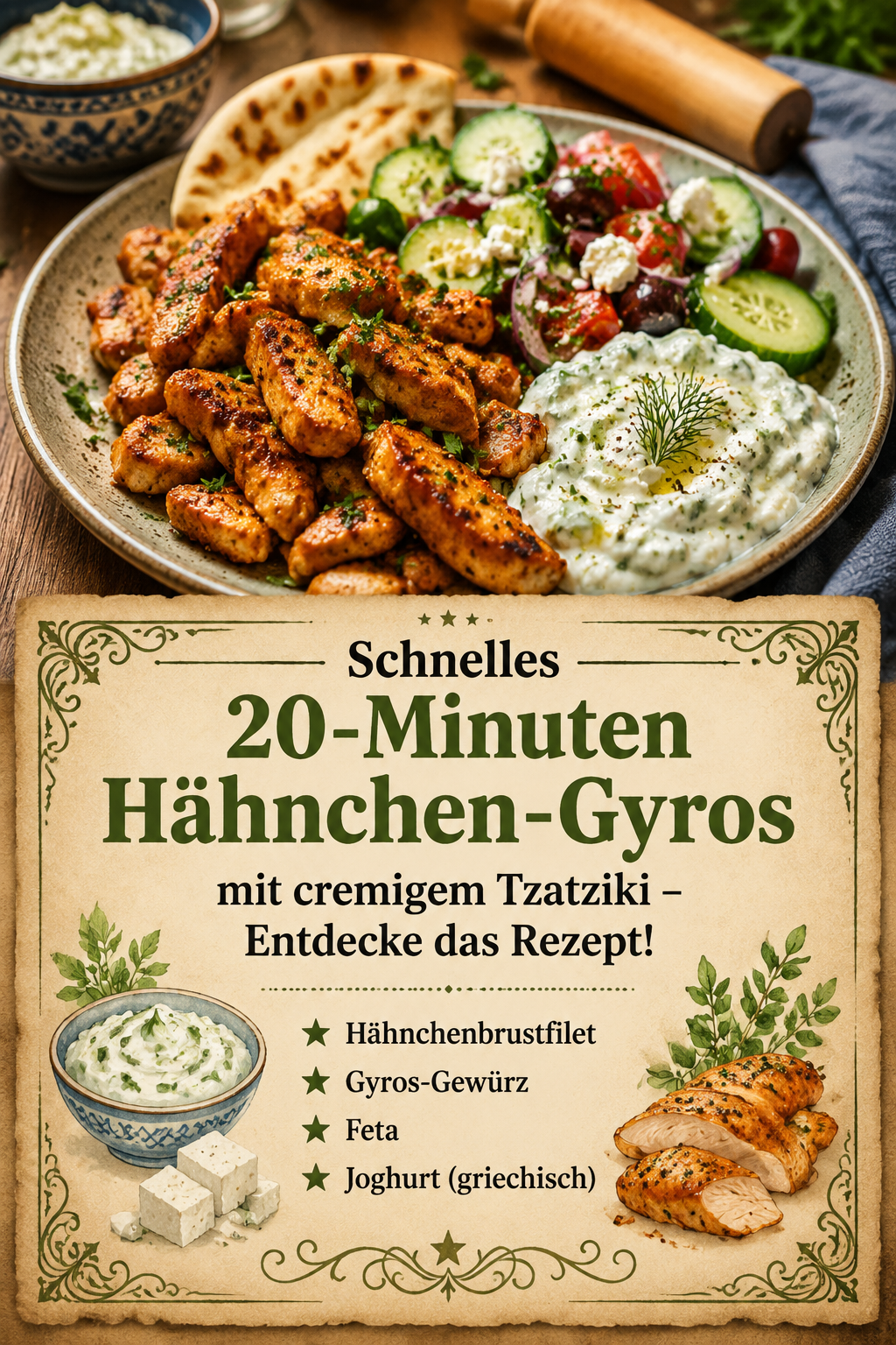 Schnelles 20-Minuten Hähnchen-Gyros mit cremigem Tzatziki – Entdecke das Rezept!