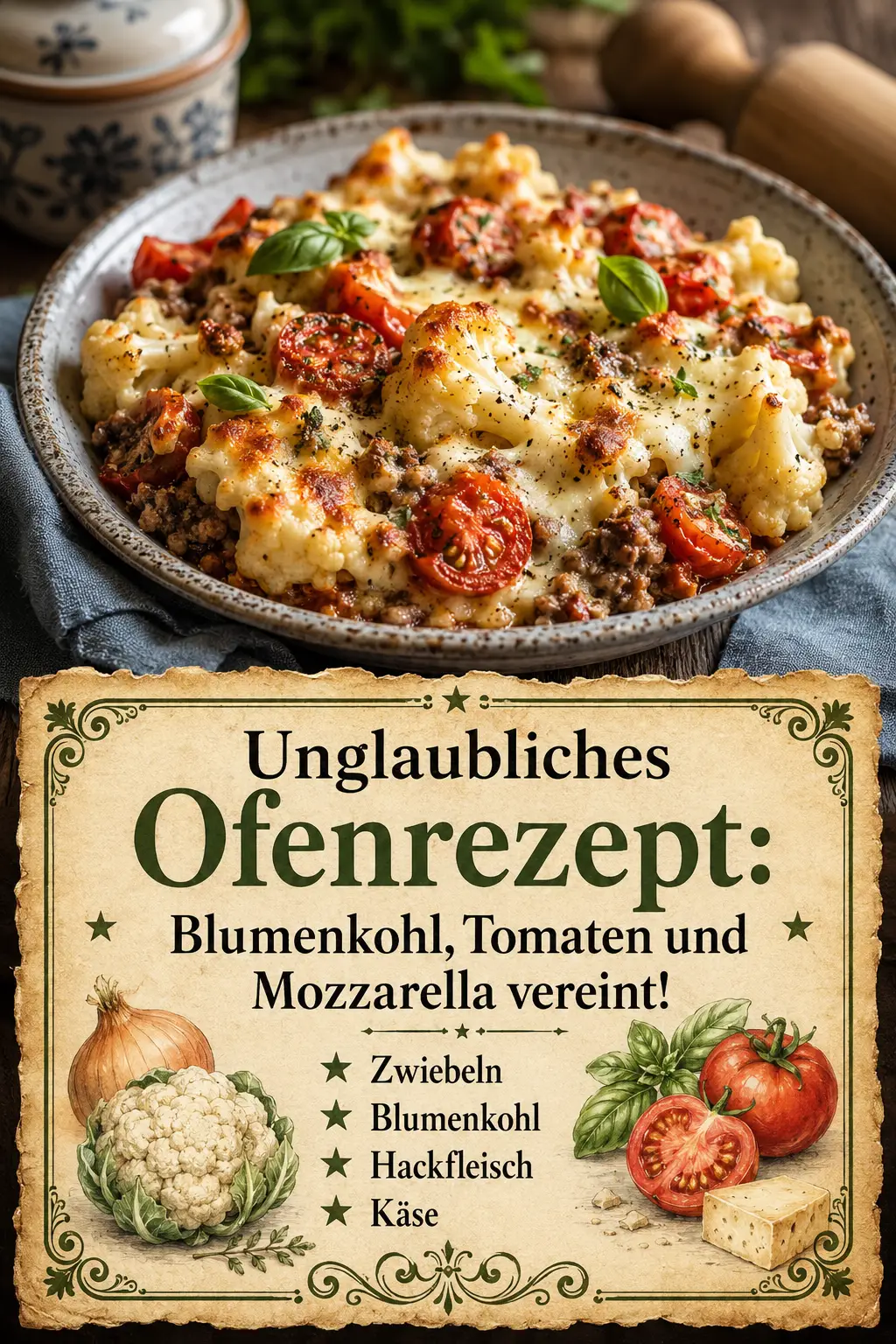Unglaubliches Ofenrezept: Blumenkohl, Tomaten und Mozzarella vereint!