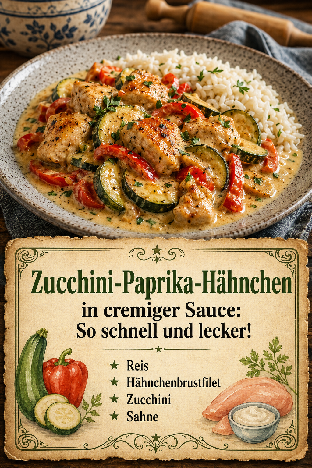 Zucchini-Paprika-Hähnchen in cremiger Sauce: So schnell und lecker!