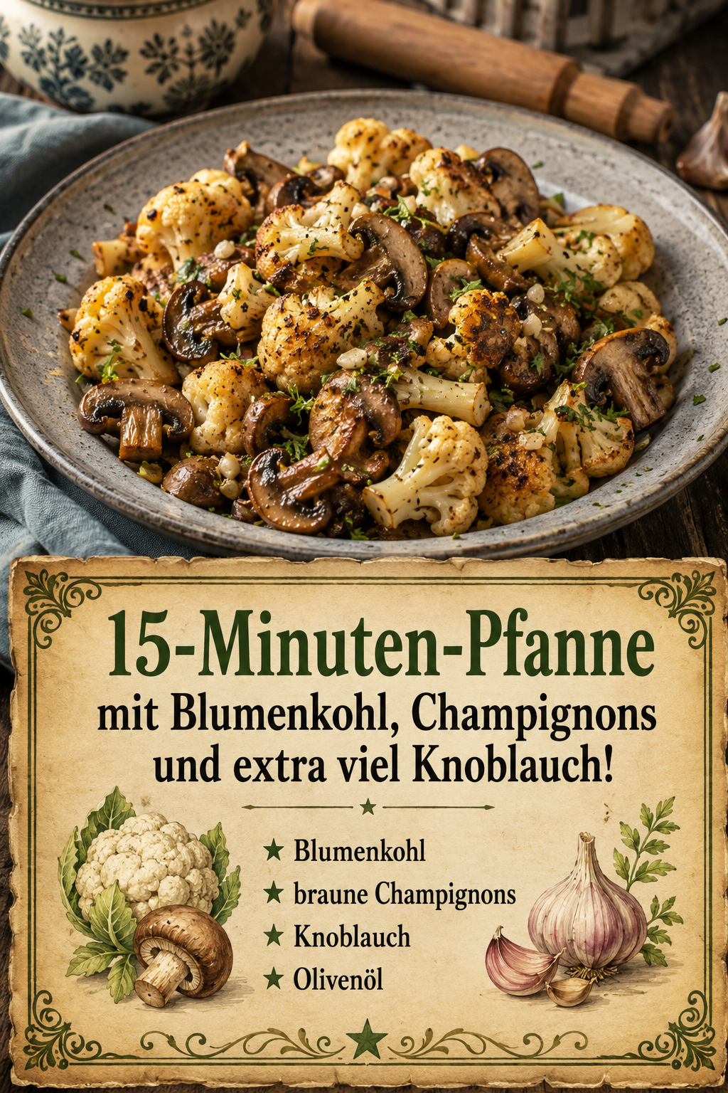 15-Minuten-Pfanne mit Blumenkohl, Champignons und extra viel Knoblauch!