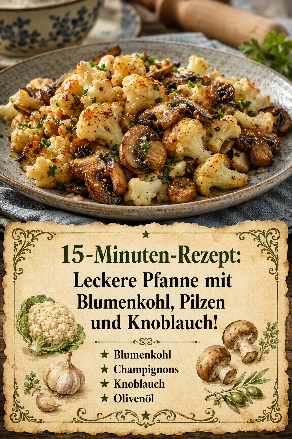 15-Minuten-Rezept: Leckere Pfanne mit Blumenkohl, Pilzen und Knoblauch!