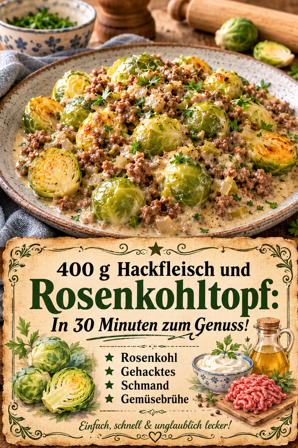 400 g Hackfleisch und Rosenkohltopf: In 30 Minuten zum Genuss!