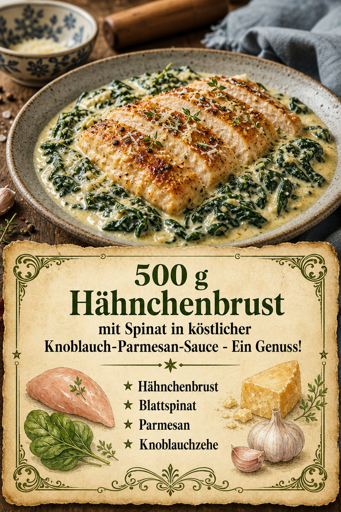 500 g Hähnchenbrust mit Spinat in köstlicher Knoblauch-Parmesan-Sauce - Ein Genuss!