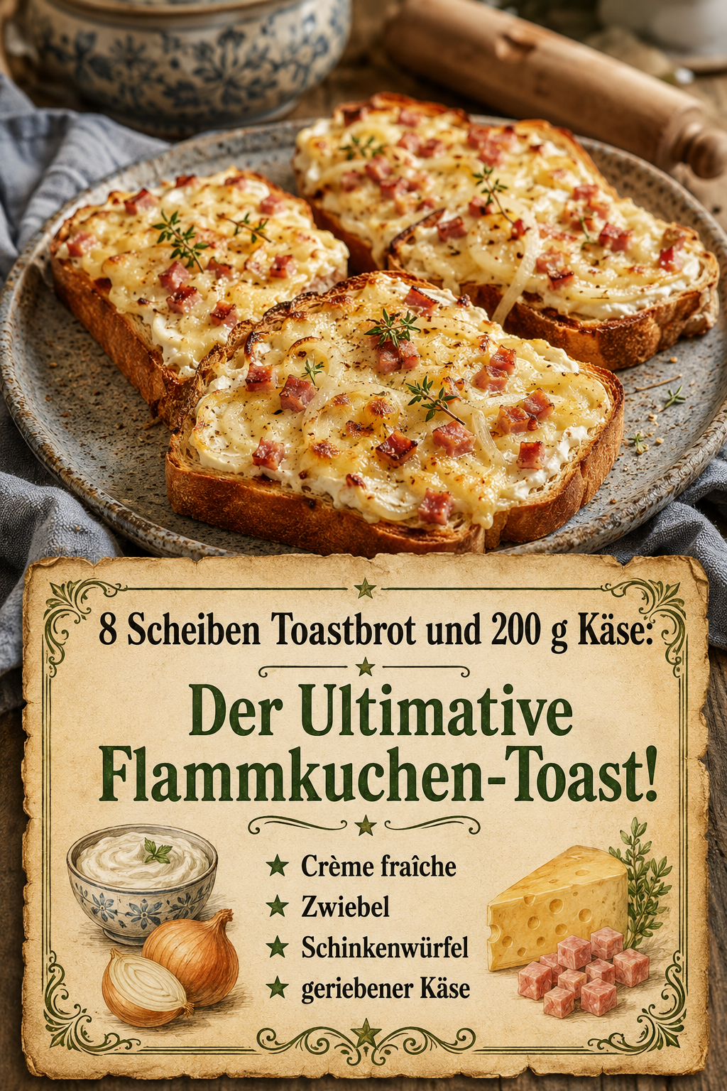8 Scheiben Toastbrot und 200 g Käse: Der Ultimative Flammkuchen-Toast!