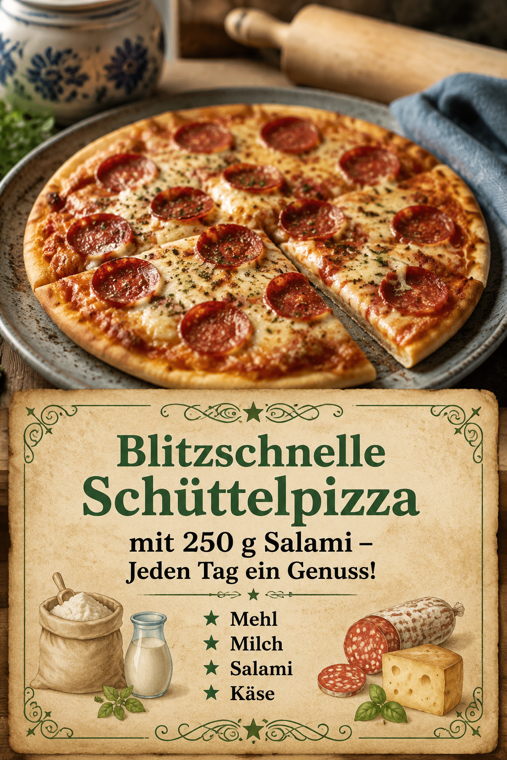 Blitzschnelle Schüttelpizza mit 250 g Salami – Jeden Tag ein Genuss!