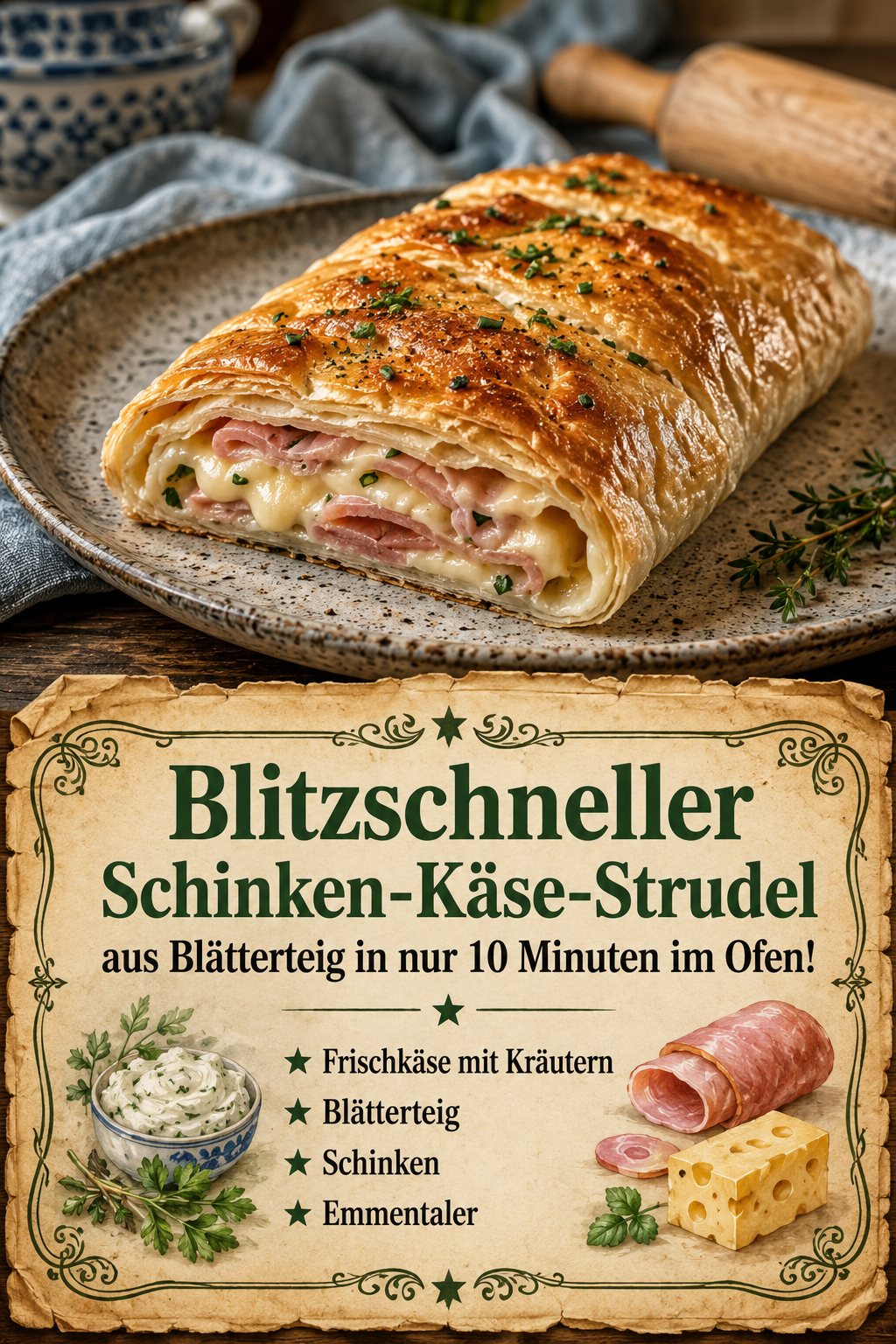 Blitzschneller Schinken-Käse-Strudel aus Blätterteig in nur 10 Minuten im Ofen!