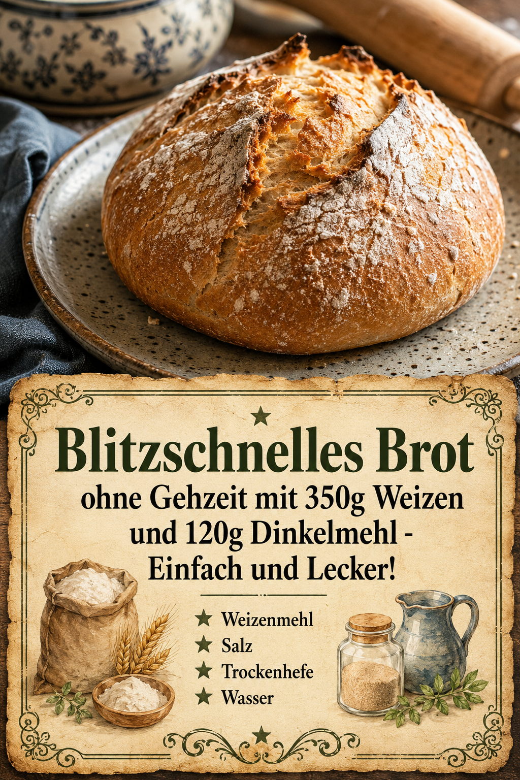 Blitzschnelles Brot ohne Gehzeit mit 350g Weizen und 120g Dinkelmehl - Einfach und Lecker!