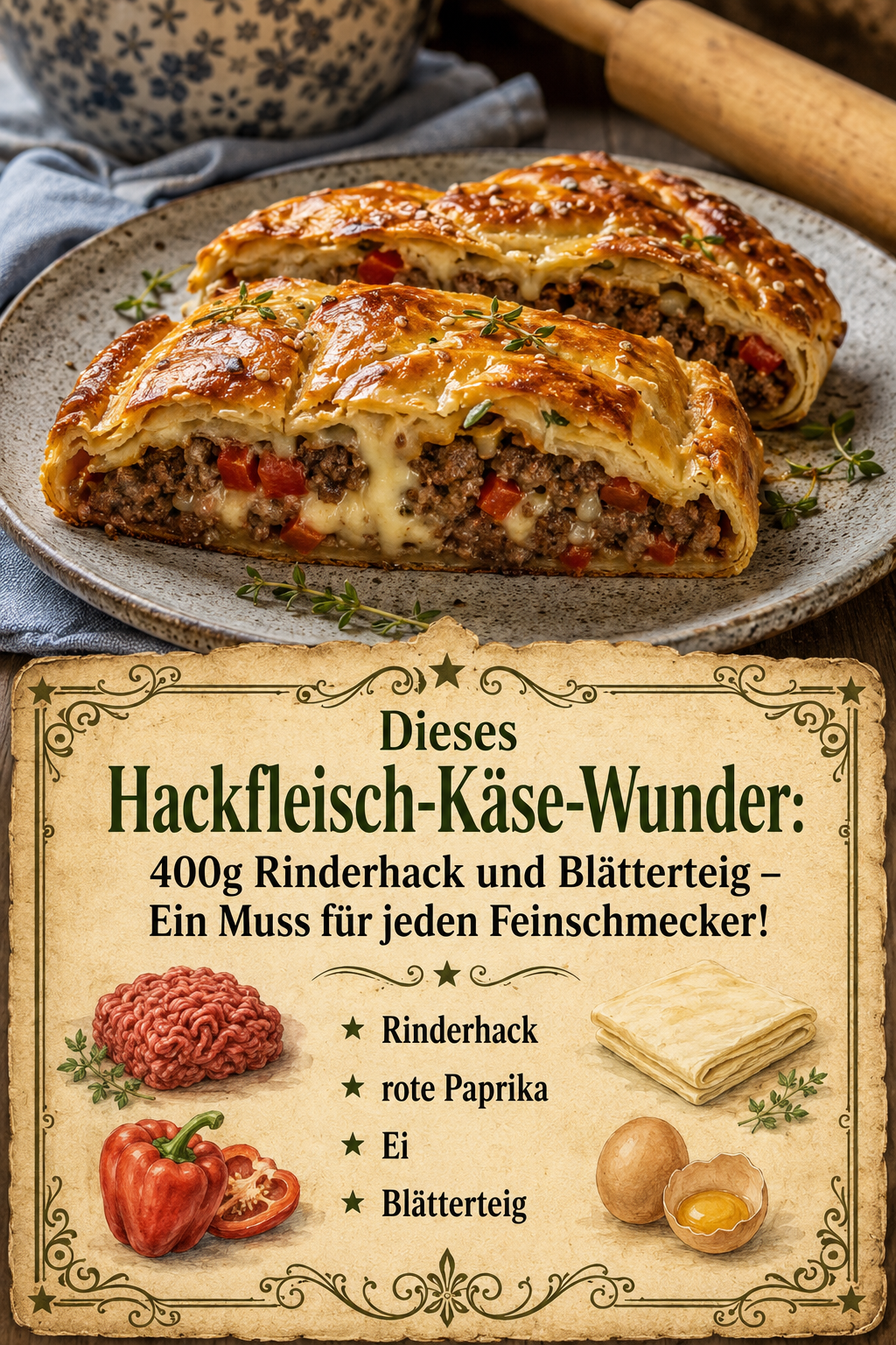 Dieses Hackfleisch-Käse-Wunder: 400g Rinderhack und Blätterteig – Ein Muss für jeden Feinschmecker!