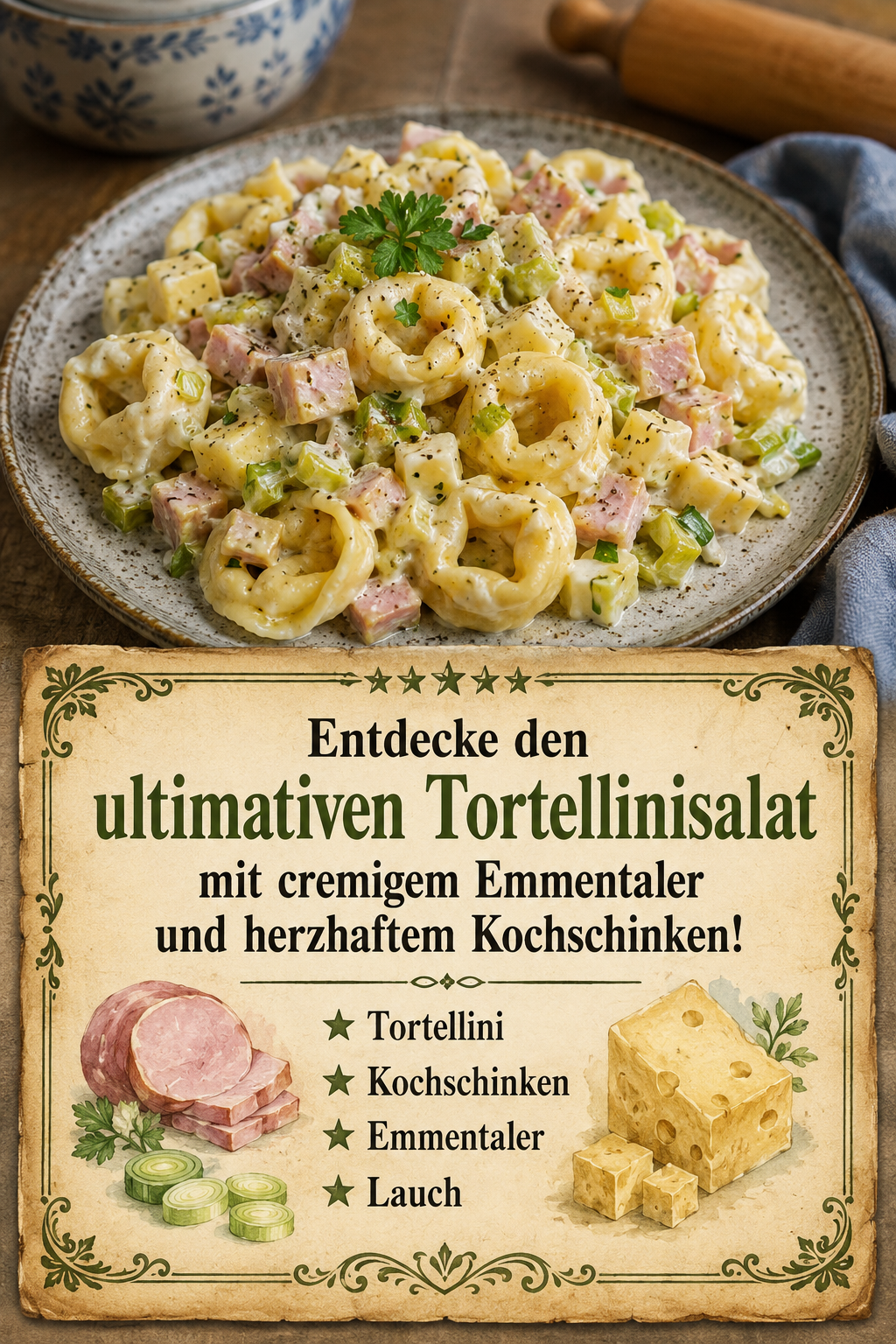 Entdecke den ultimativen Tortellinisalat mit cremigem Emmentaler und herzhaftem Kochschinken!
