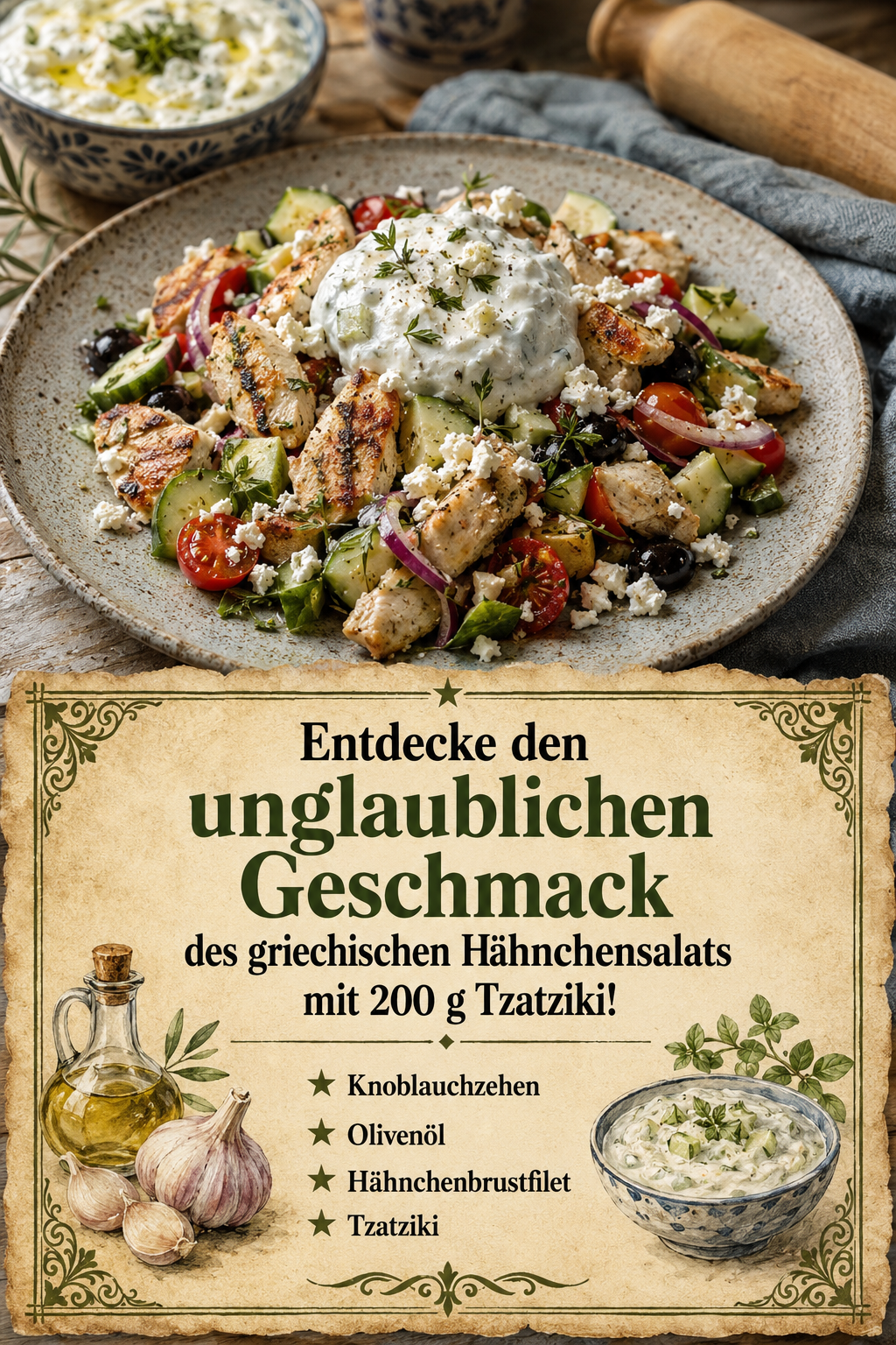 Entdecke den unglaublichen Geschmack des griechischen Hähnchensalats mit 200 g Tzatziki!