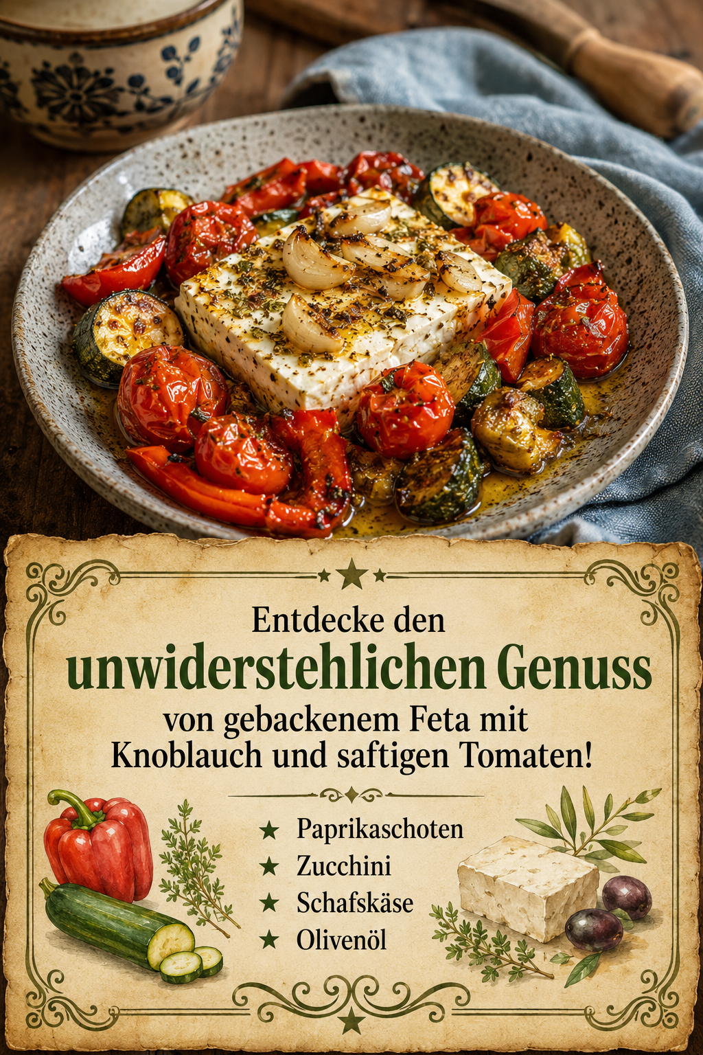 Entdecke den unwiderstehlichen Genuss von gebackenem Feta mit Knoblauch und saftigen Tomaten!