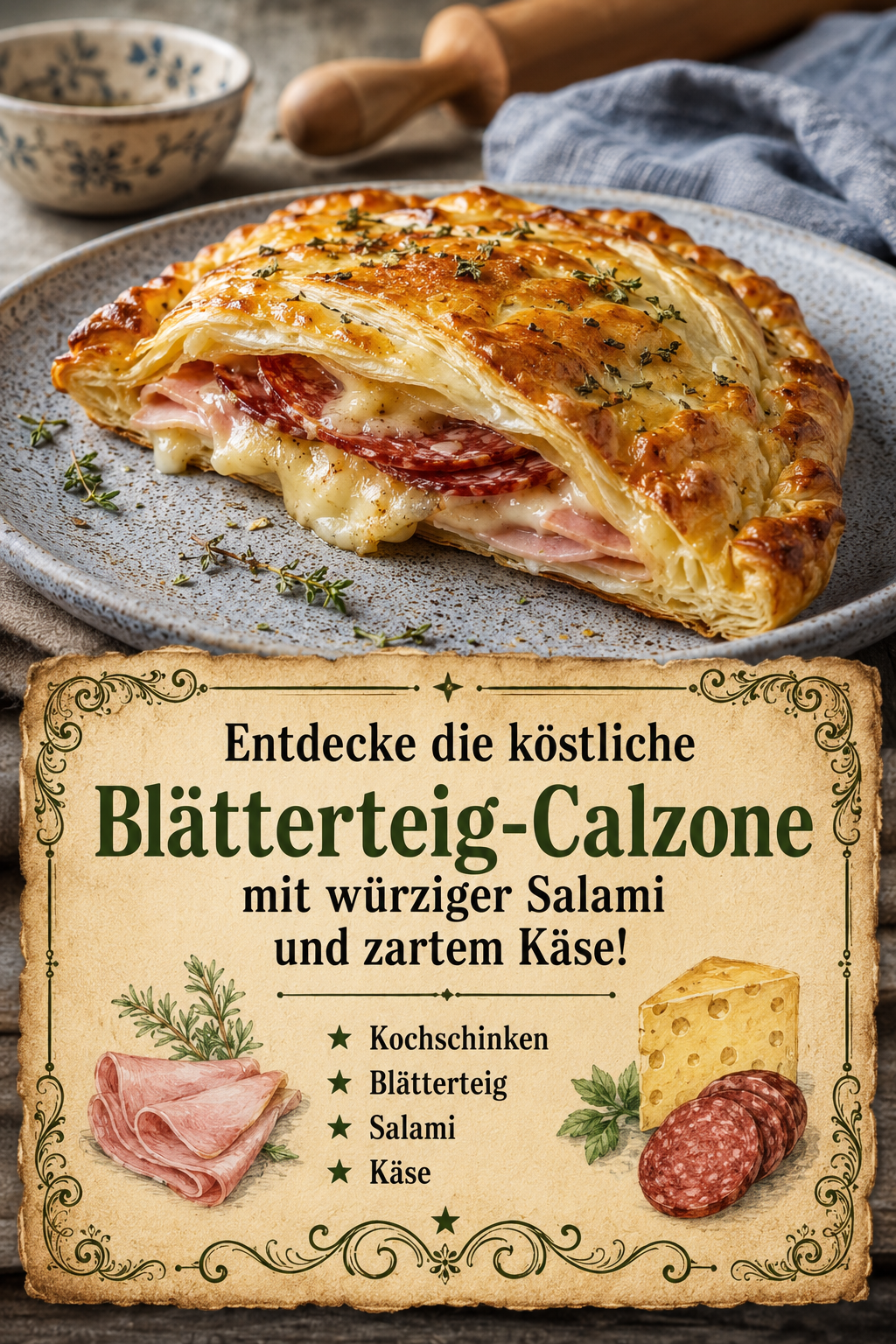 Entdecke die köstliche Blätterteig-Calzone mit würziger Salami und zartem Käse!