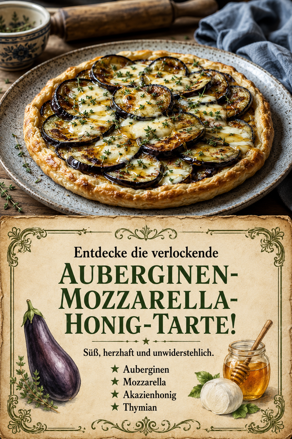 Entdecke die verlockende Auberginen-Mozzarella-Honig-Tarte!