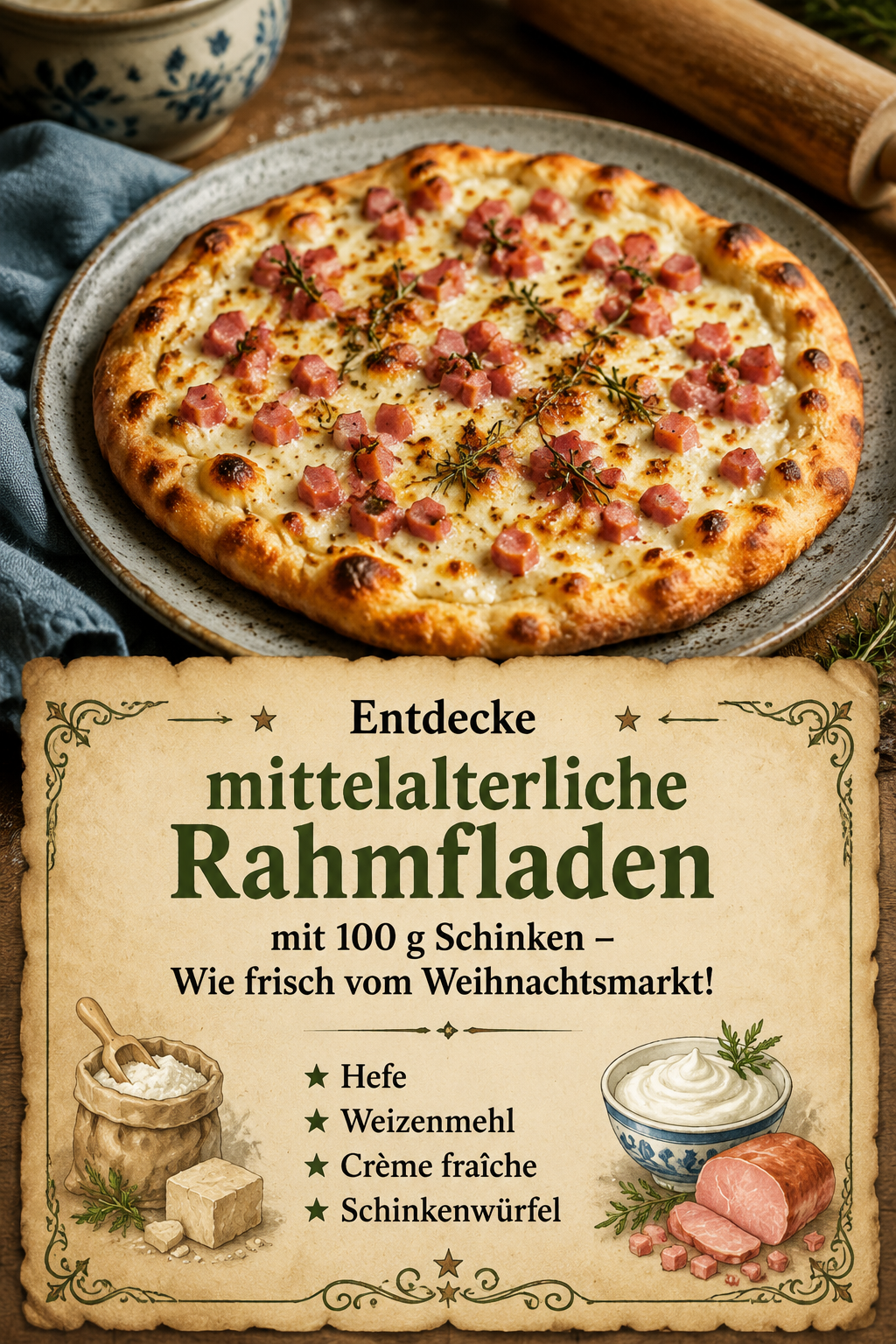 Entdecke mittelalterliche Rahmfladen mit 100 g Schinken – Wie frisch vom Weihnachtsmarkt!