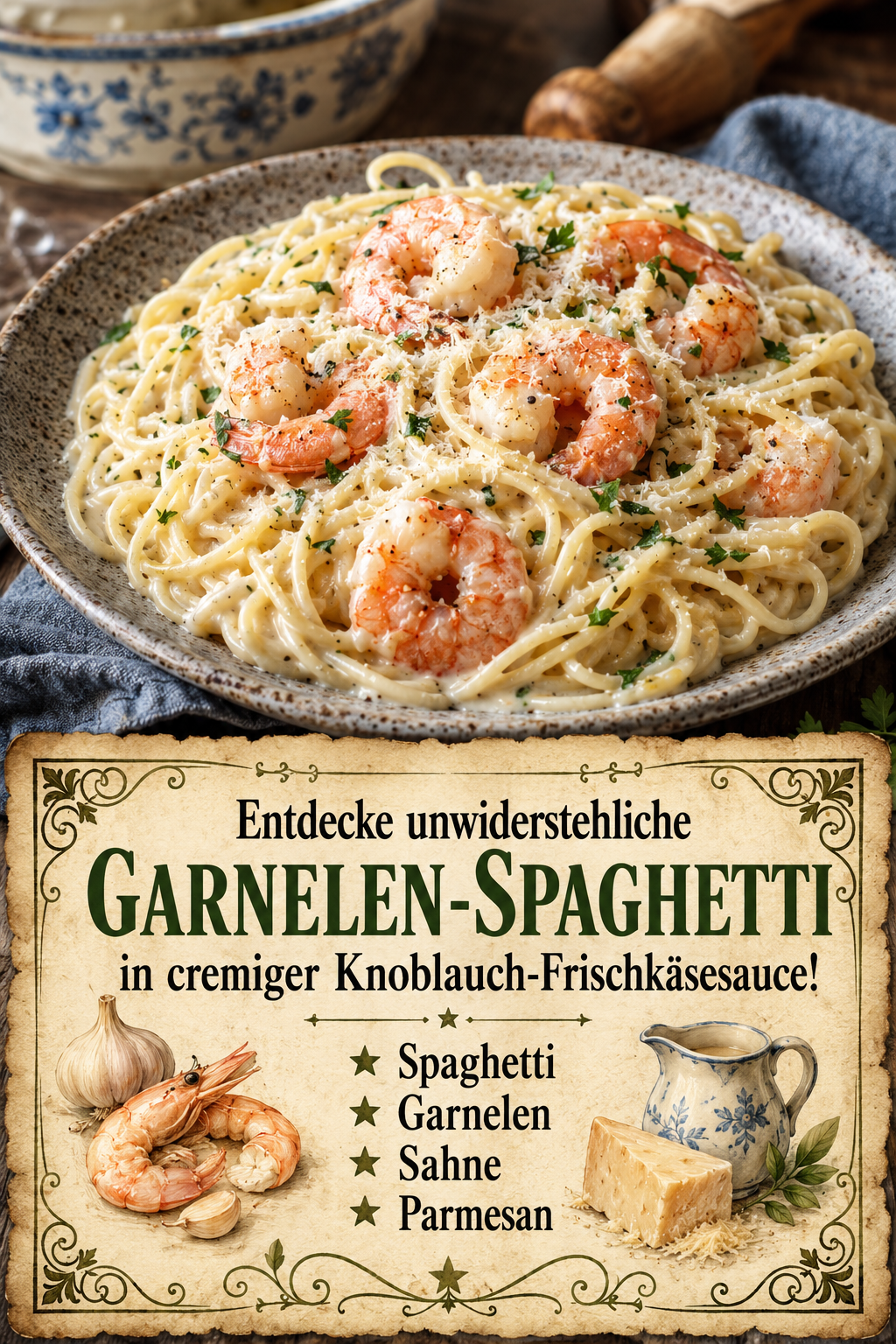 Entdecke unwiderstehliche Garnelen-Spaghetti in cremiger Knoblauch-Frischkäsesauce!
