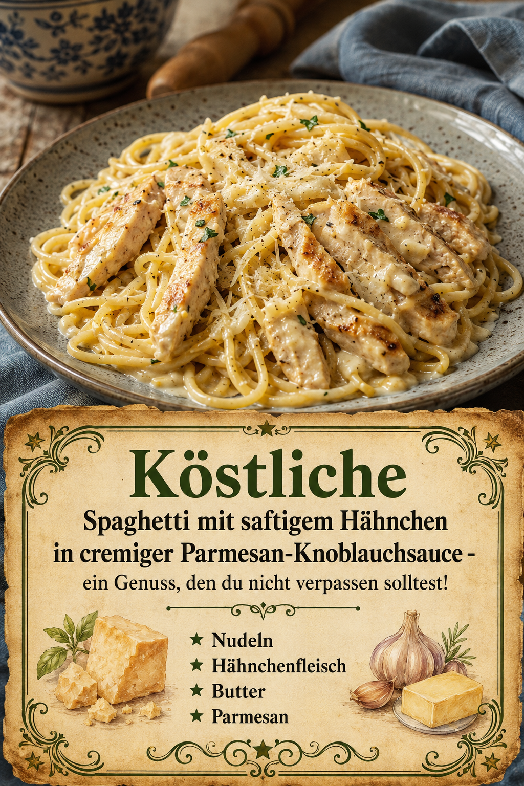 Köstliche Spaghetti mit saftigem Hähnchen in cremiger Parmesan-Knoblauchsauce - ein Genuss, den du nicht verpassen solltest!