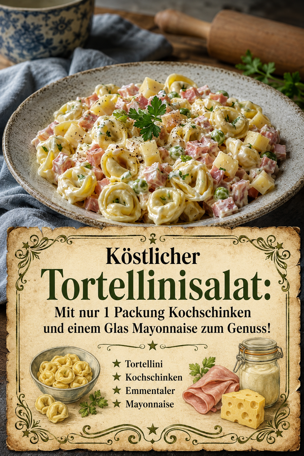 Köstlicher Tortellinisalat: Mit nur 1 Packung Kochschinken und einem Glas Mayonnaise zum Genuss!