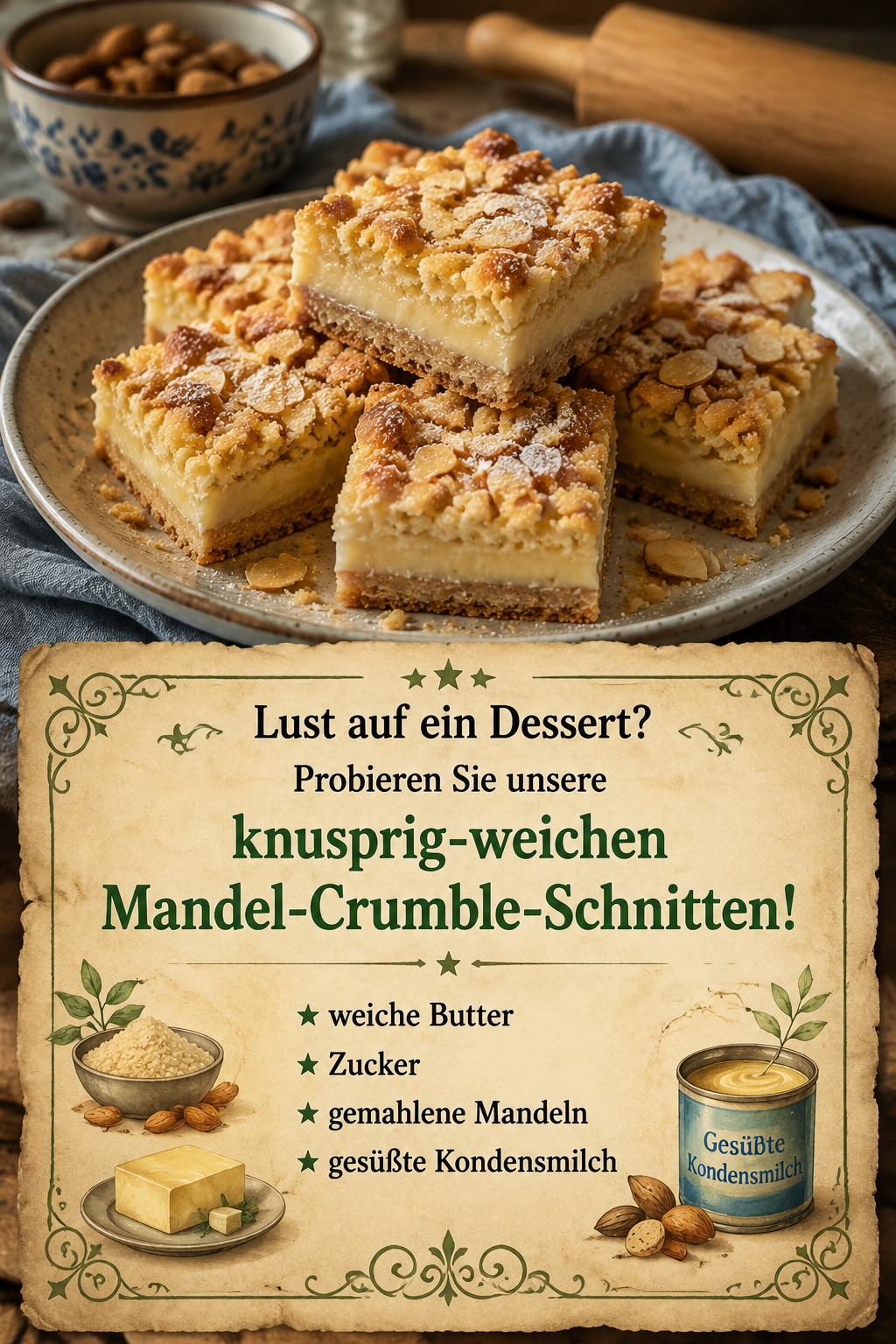 Lust auf ein Dessert? Probieren Sie unsere knusprig-weichen Mandel-Crumble-Schnitten!