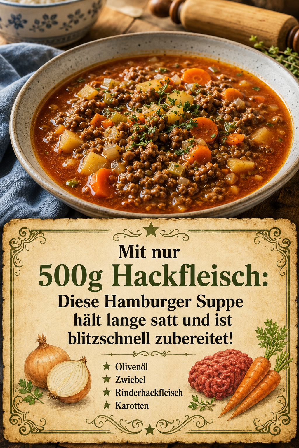 Mit nur 500g Hackfleisch: Diese Hamburger Suppe hält lange satt und ist blitzschnell zubereitet!