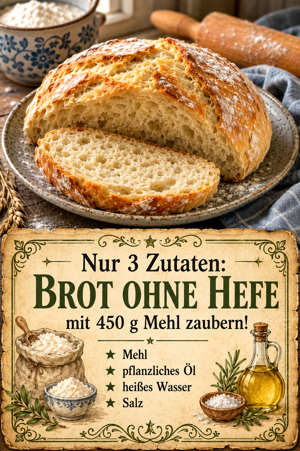 Nur 3 Zutaten: Brot ohne Hefe mit 450 g Mehl zaubern!