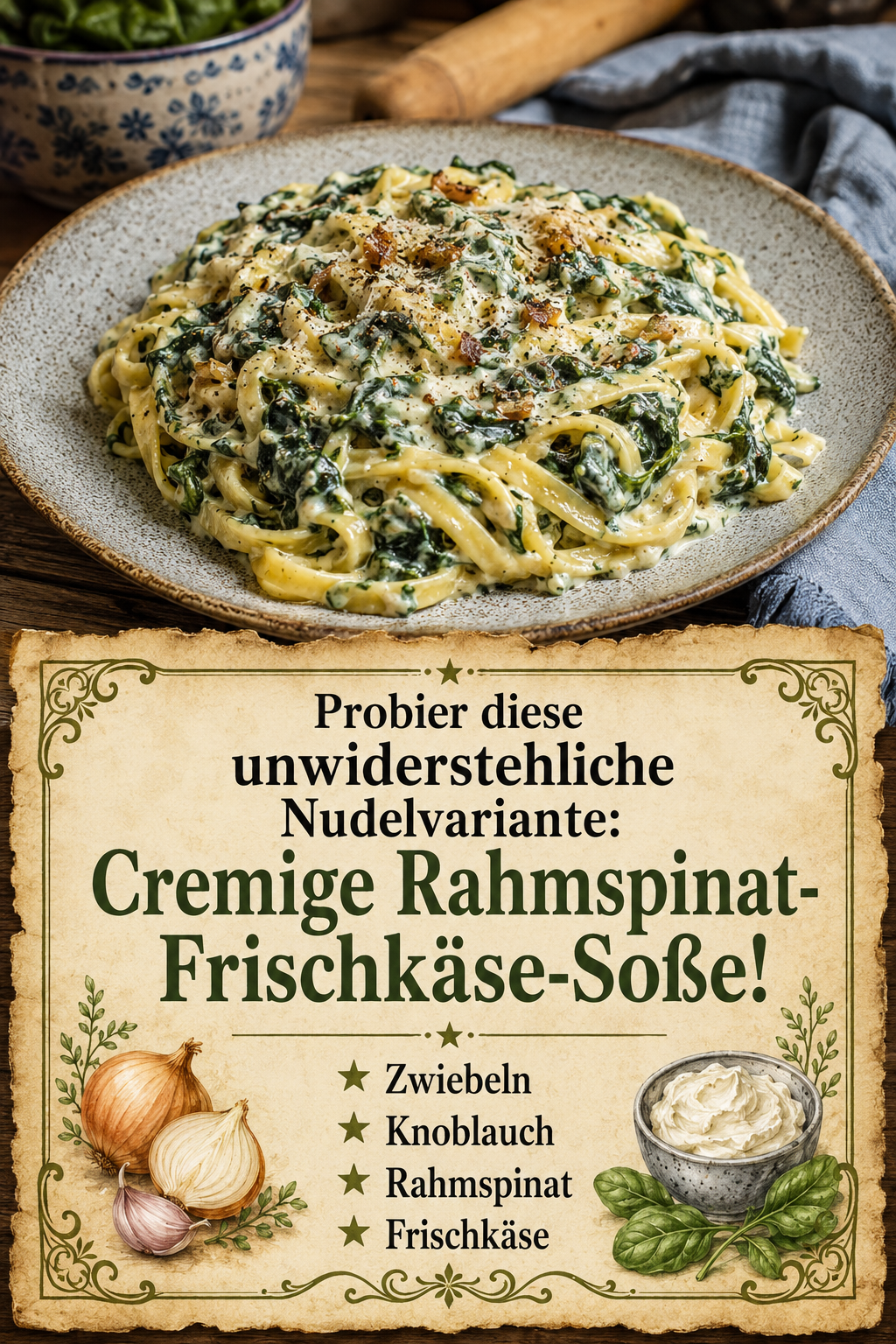 Probier diese unwiderstehliche Nudelvariante: Cremige Rahmspinat-Frischkäse-Soße!