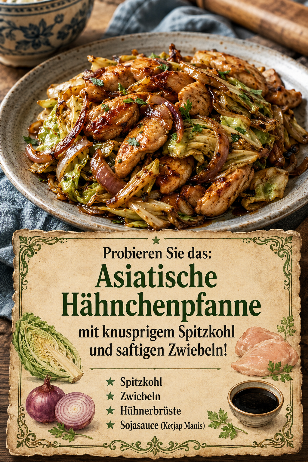 Probieren Sie das: Asiatische Hähnchenpfanne mit knusprigem Spitzkohl und saftigen Zwiebeln!