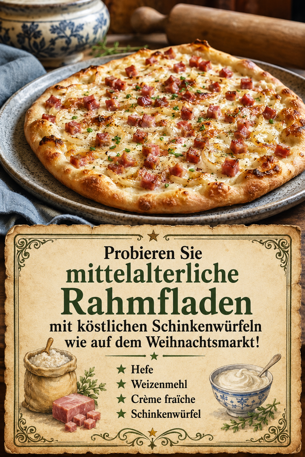 Probieren Sie mittelalterliche Rahmfladen mit köstlichen Schinkenwürfeln wie auf dem Weihnachtsmarkt!