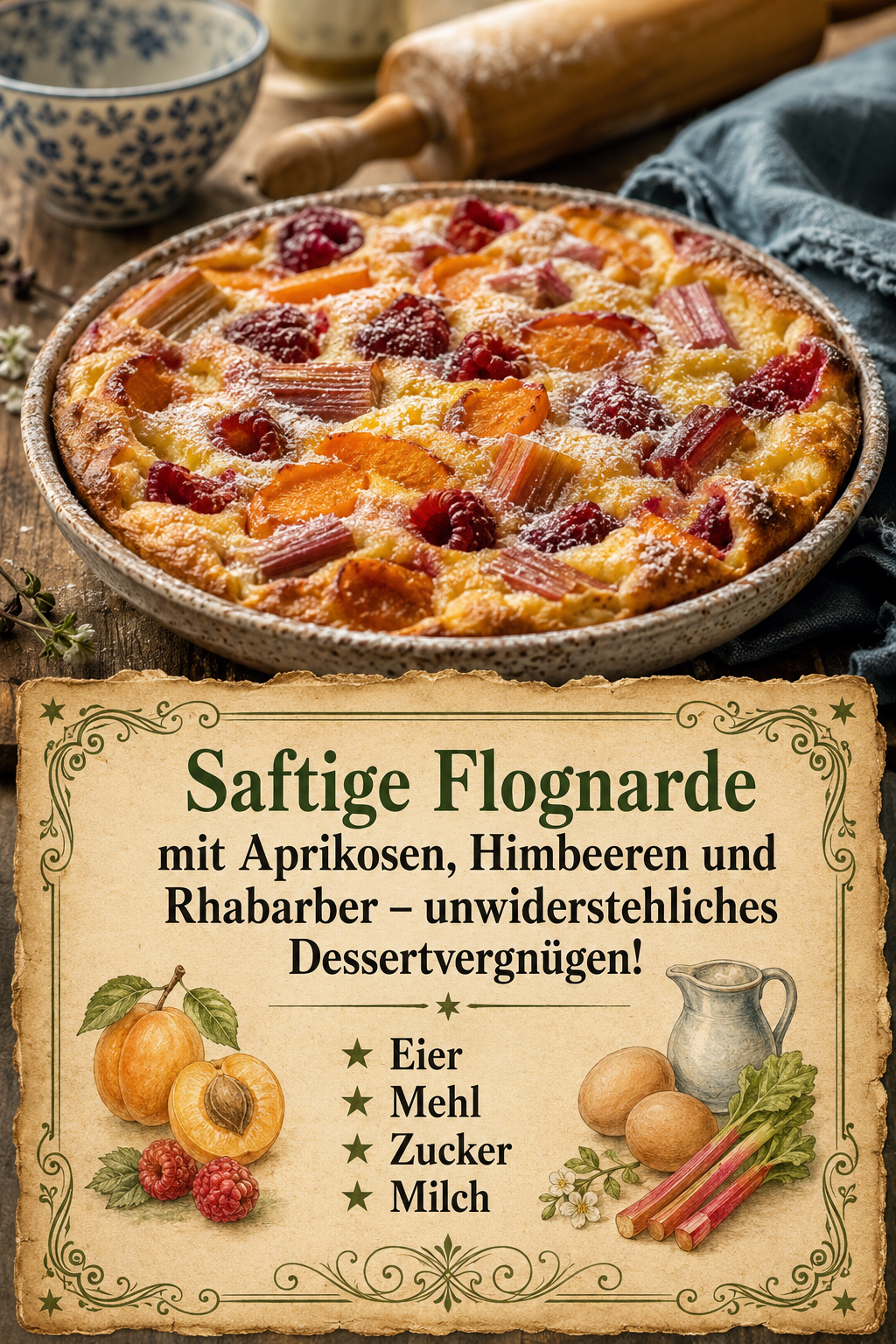Saftige Flognarde mit Aprikosen, Himbeeren und Rhabarber – unwiderstehliches Dessertvergnügen!