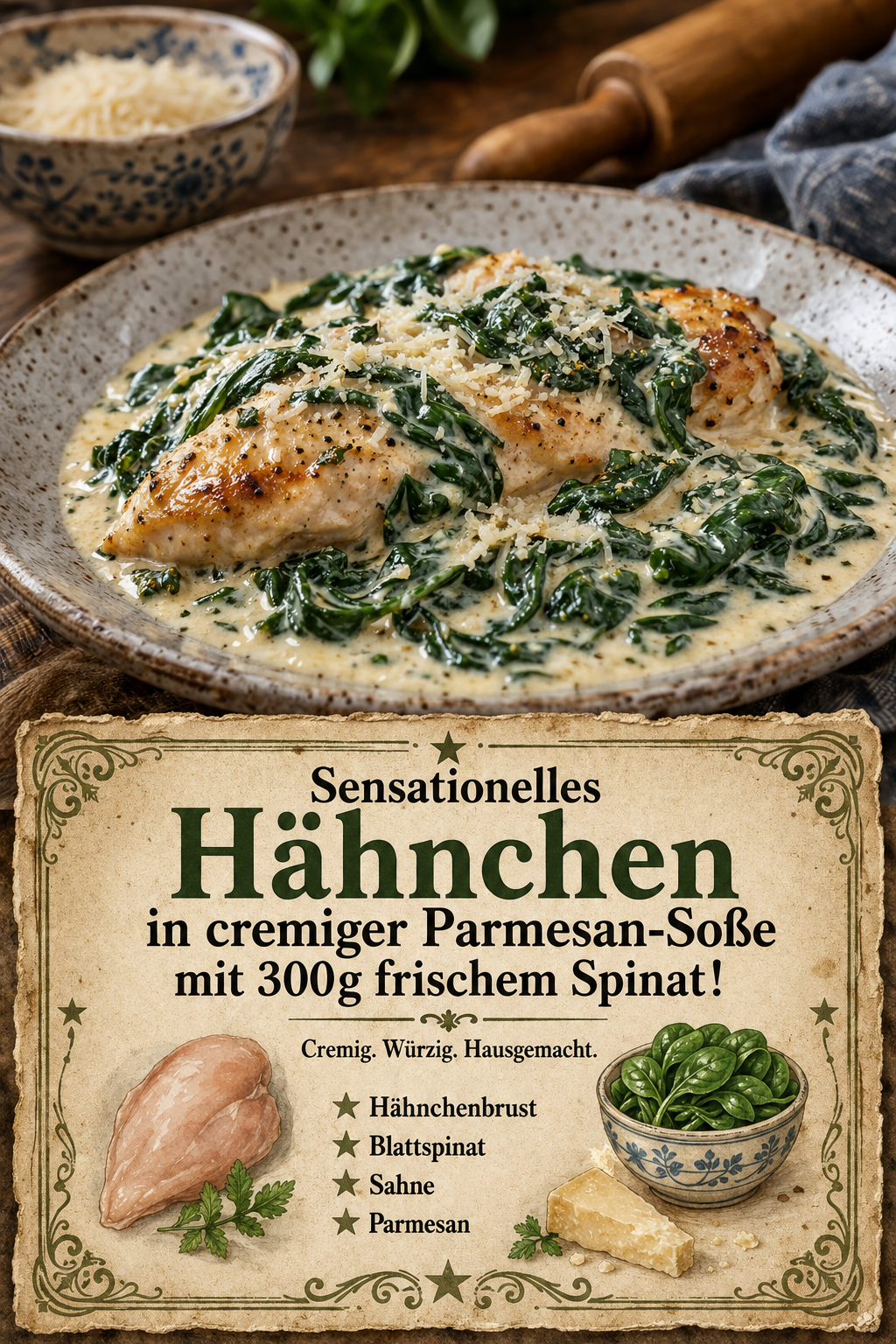 Sensationelles Hähnchen in cremiger Parmesan-Soße mit 300g frischem Spinat!