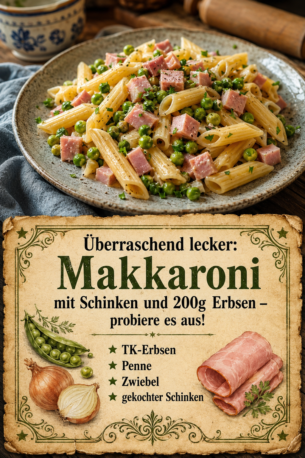 Überraschend lecker: Makkaroni mit Schinken und 200g Erbsen – probiere es aus!
