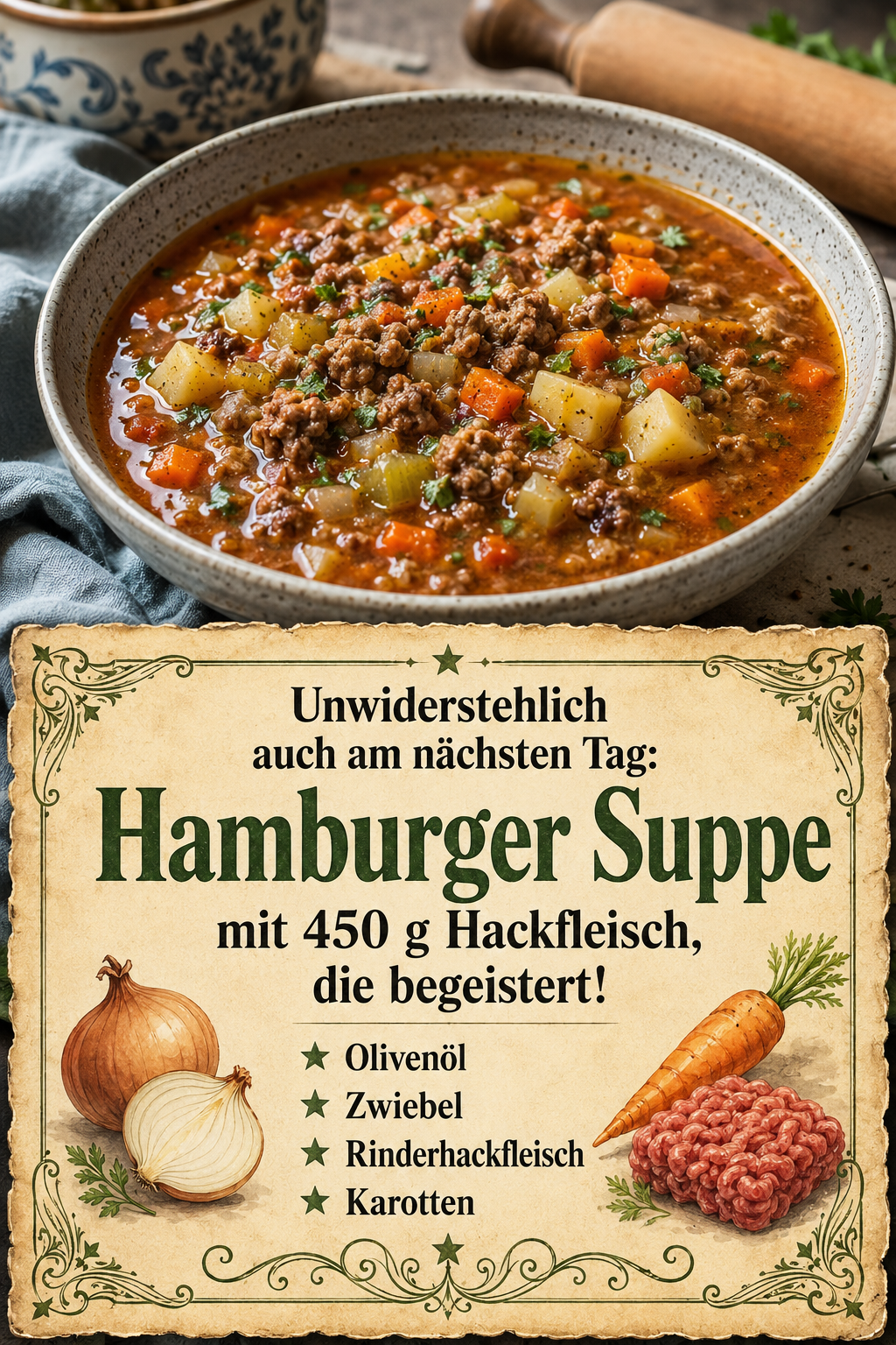 Unwiderstehlich auch am nächsten Tag: Hamburger Suppe mit 450 g Hackfleisch, die begeistert!