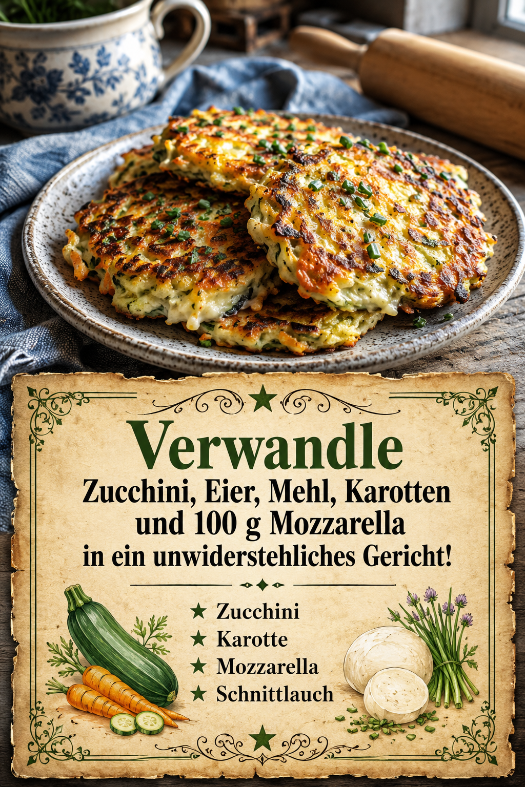 Verwandle Zucchini, Eier, Mehl, Karotten und 100 g Mozzarella in ein unwiderstehliches Gericht!