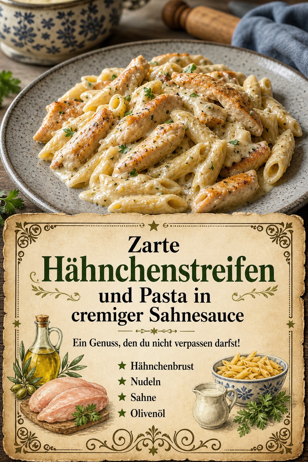 Zarte Hähnchenstreifen und Pasta in cremiger Sahnesauce – Ein Genuss, den du nicht verpassen darfst!