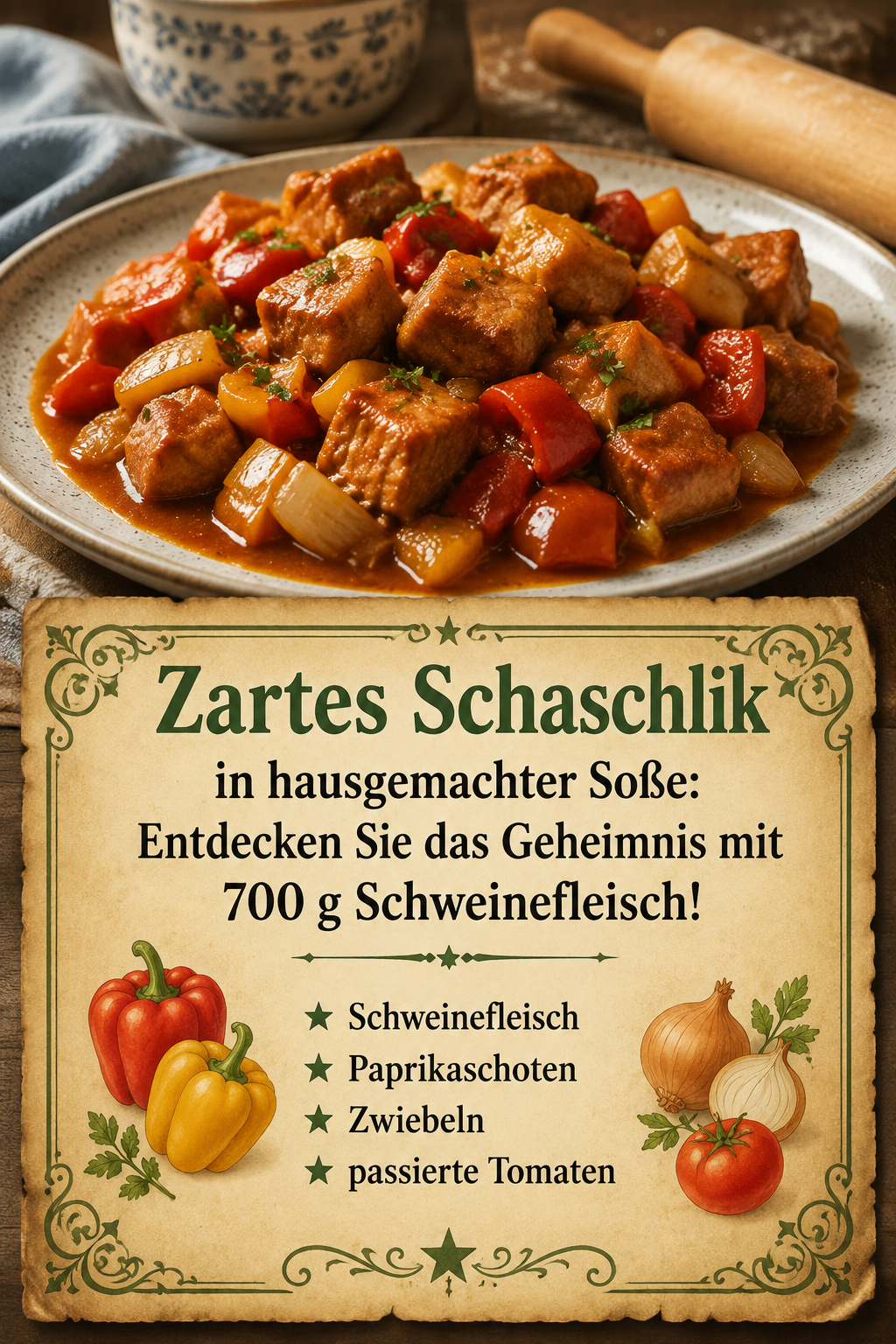 Zartes Schaschlik in hausgemachter Soße: Entdecken Sie das Geheimnis mit 700 g Schweinefleisch!