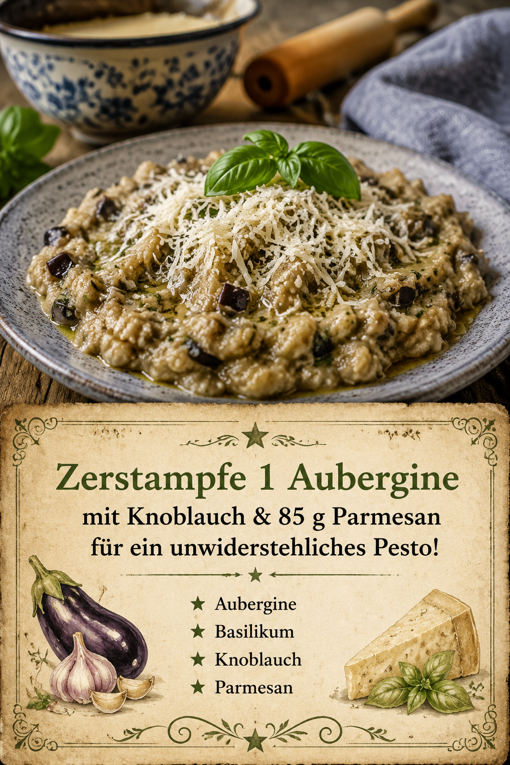 Zerstampfe 1 Aubergine mit Knoblauch & 85 g Parmesan für ein unwiderstehliches Pesto!