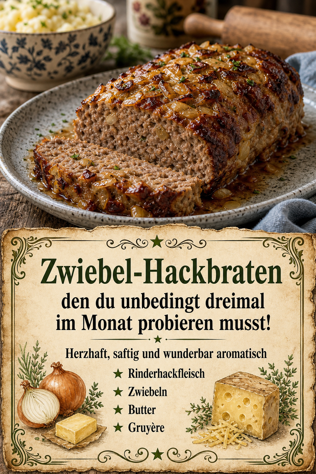 Zwiebel-Hackbraten, den du unbedingt dreimal im Monat probieren musst!