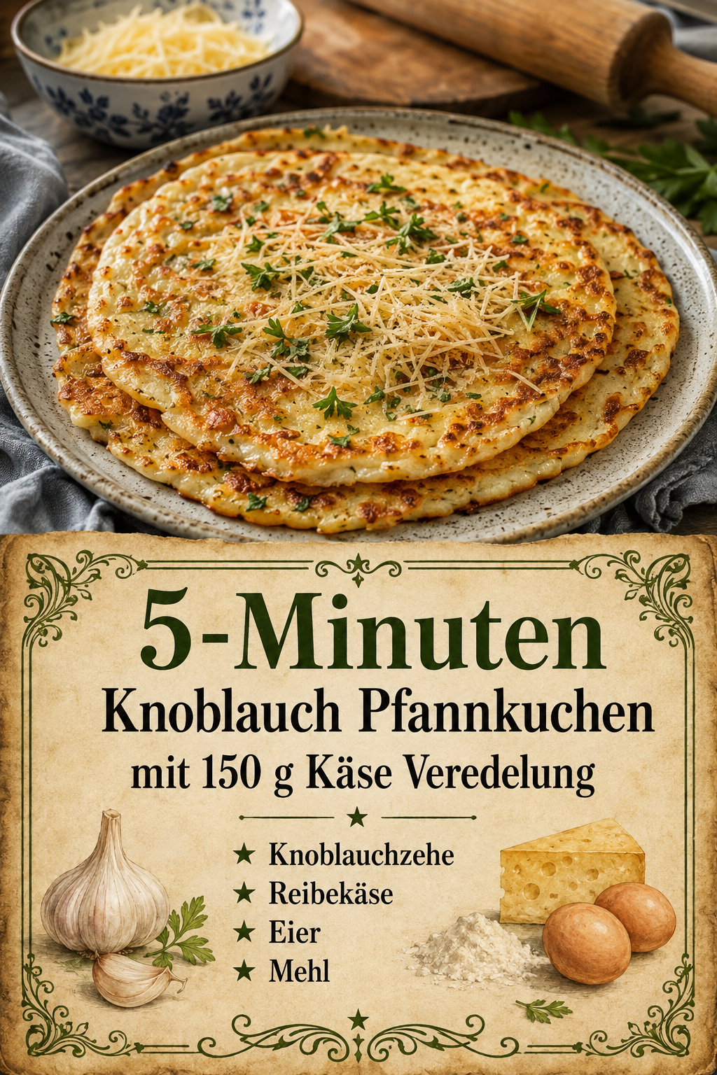 5-Minuten Knoblauch Pfannkuchen mit 150 g Käse Veredelung