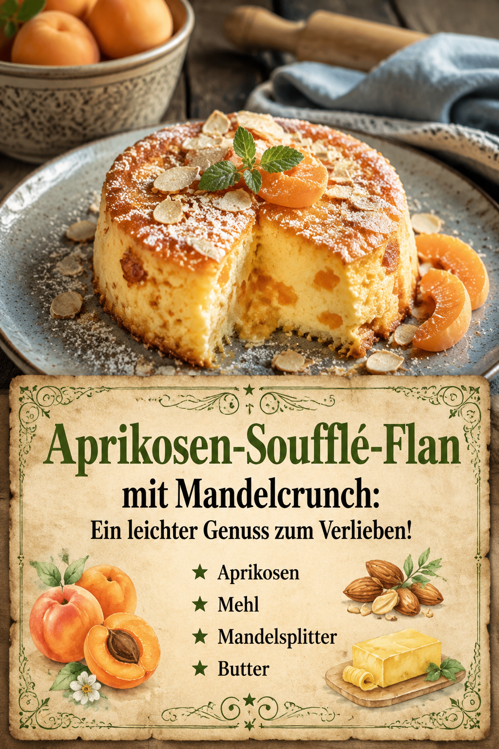 Aprikosen-Soufflé-Flan mit Mandelcrunch: Ein leichter Genuss zum Verlieben!