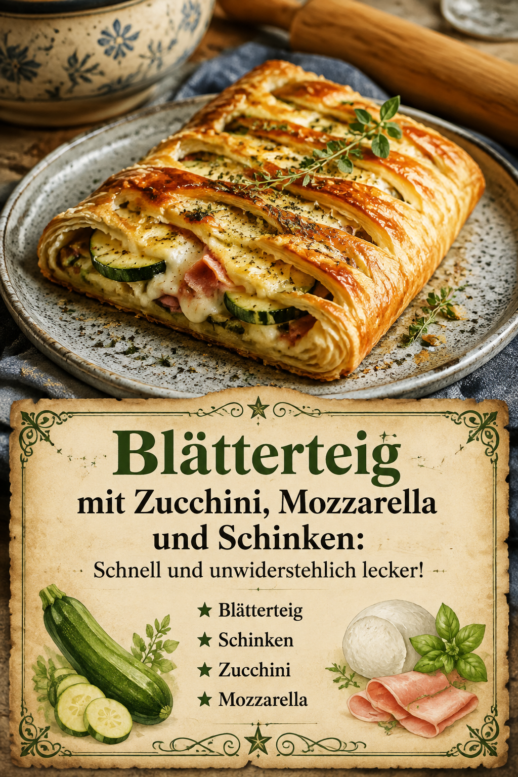 Blätterteig mit Zucchini, Mozzarella und Schinken: Schnell und unwiderstehlich lecker!
