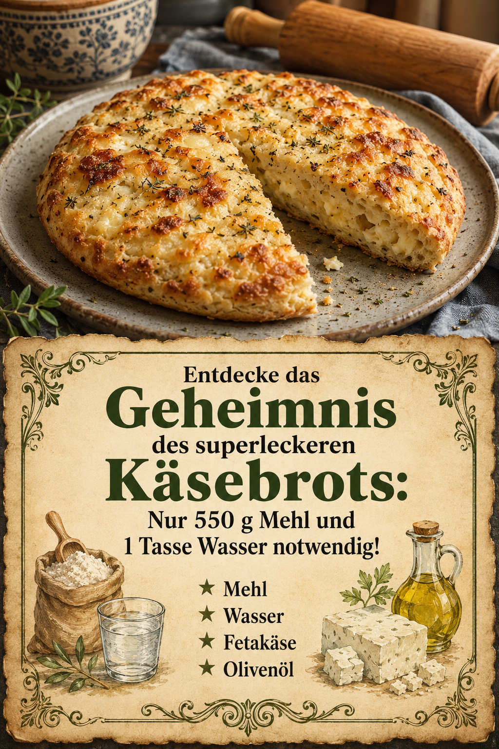 Entdecke das Geheimnis des superleckeren Käsebrots: Nur 550 g Mehl und 1 Tasse Wasser notwendig!