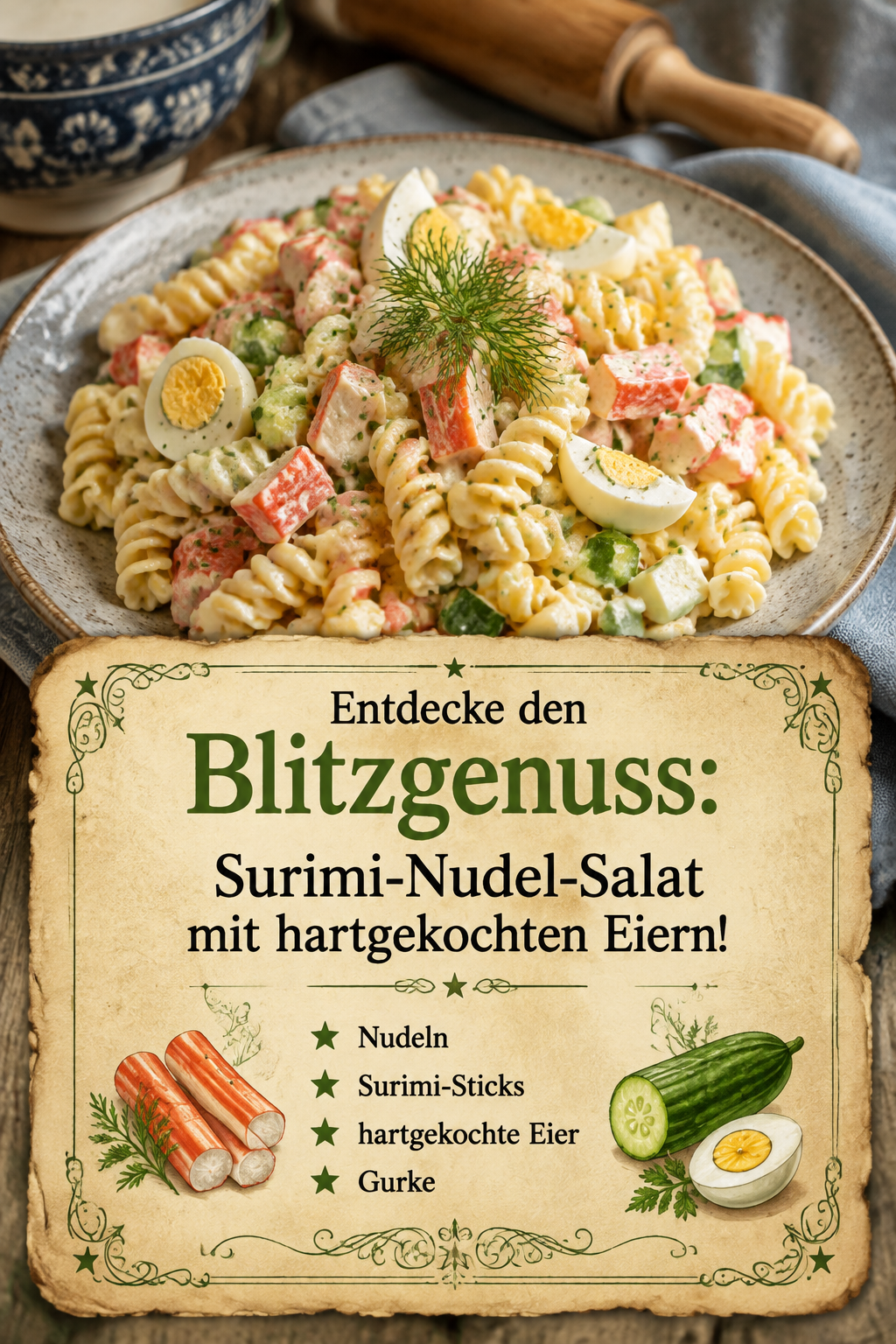 Entdecke den Blitzgenuss: Surimi-Nudel-Salat mit hartgekochten Eiern!