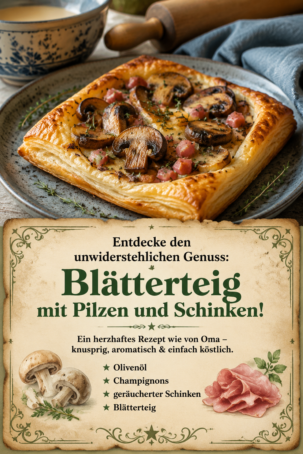 Entdecke den unwiderstehlichen Genuss: Blätterteig mit Pilzen und Schinken!