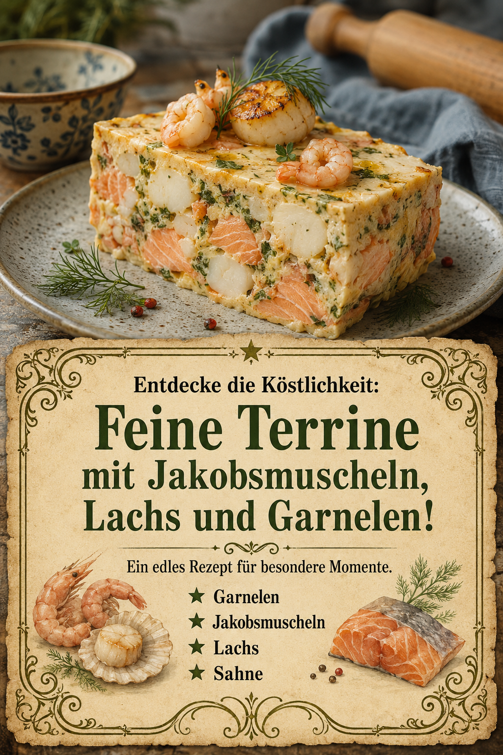 Entdecke die Köstlichkeit: Feine Terrine mit Jakobsmuscheln, Lachs und Garnelen!
