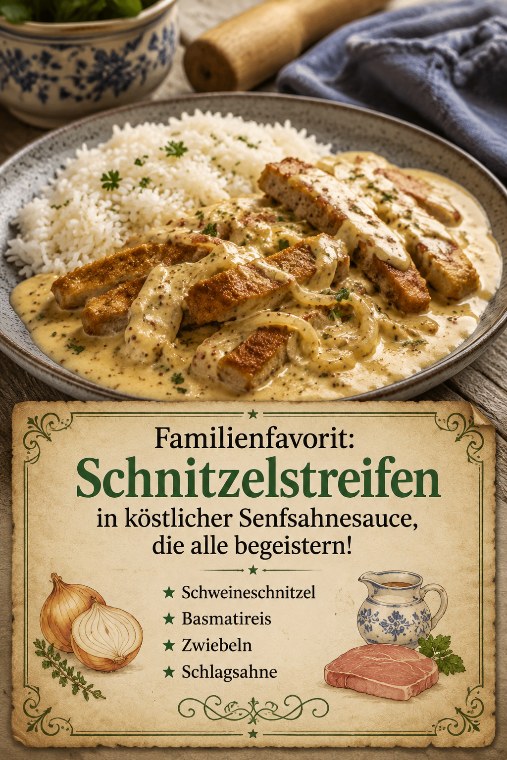 Familienfavorit: Schnitzelstreifen in köstlicher Senfsahnesauce, die alle begeistern!